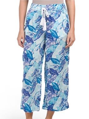 Sigrid Olsen Linen Pants Women Large Blue Leaf Print Pockets